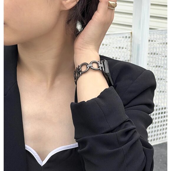 Apple Watch Band Adjustable Stylish Circle Silver Stainless Chain Band - Black - Picture 3 of 5